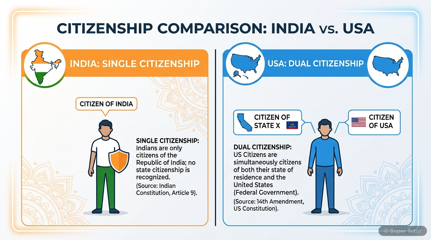 Single vs. Dual Citizenship (India vs. USA) A comparison chart illustrating the concept of single citizenship in India versus dual citizenship (state and national) in the USA, highlighting key differences.