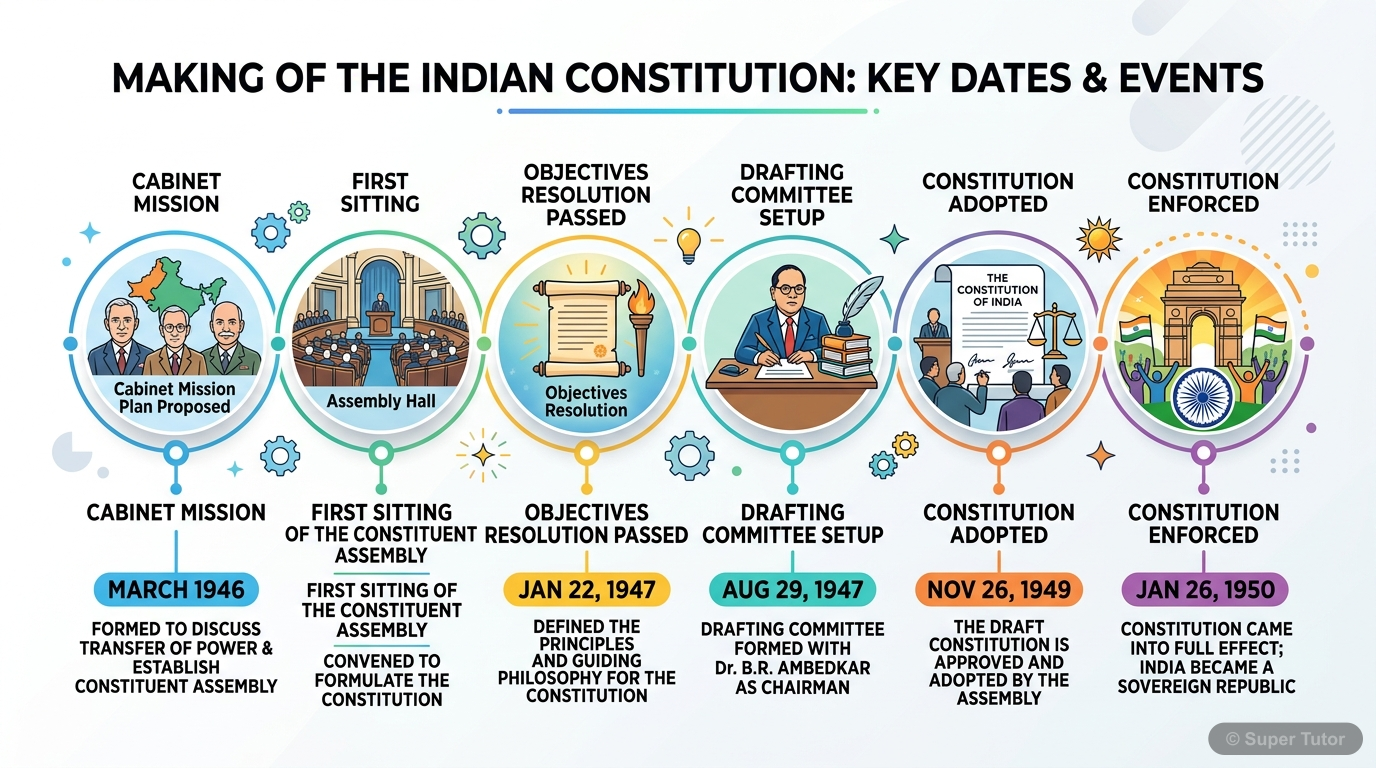 A chronological timeline illustrating the key events in the formation and enactment of the Indian Constitution, from the Cabinet Mission to its full enforcement.