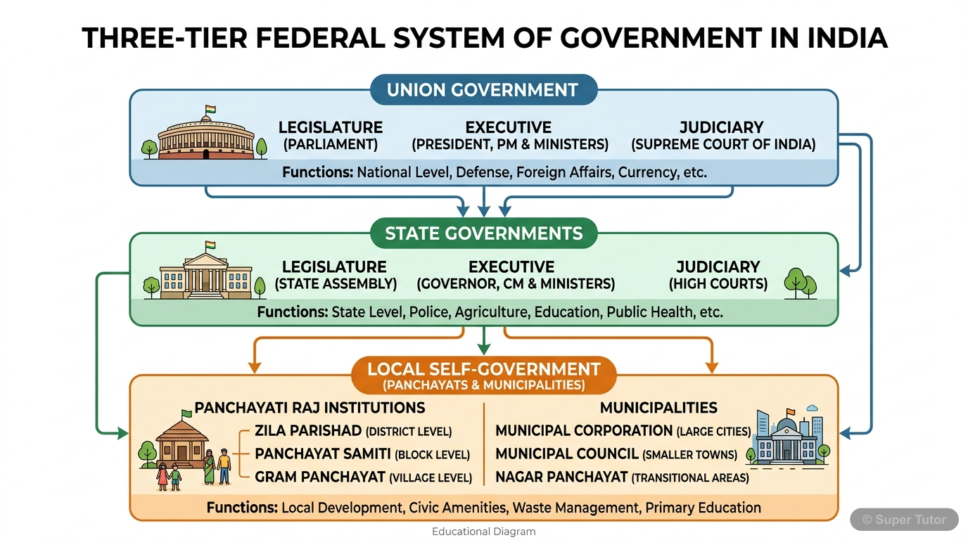 An infographic illustrating the three-tier federal structure of government in India, showing the Union Government, State Governments, and Local Self-Government (Panchayats and Municipalities) and thei