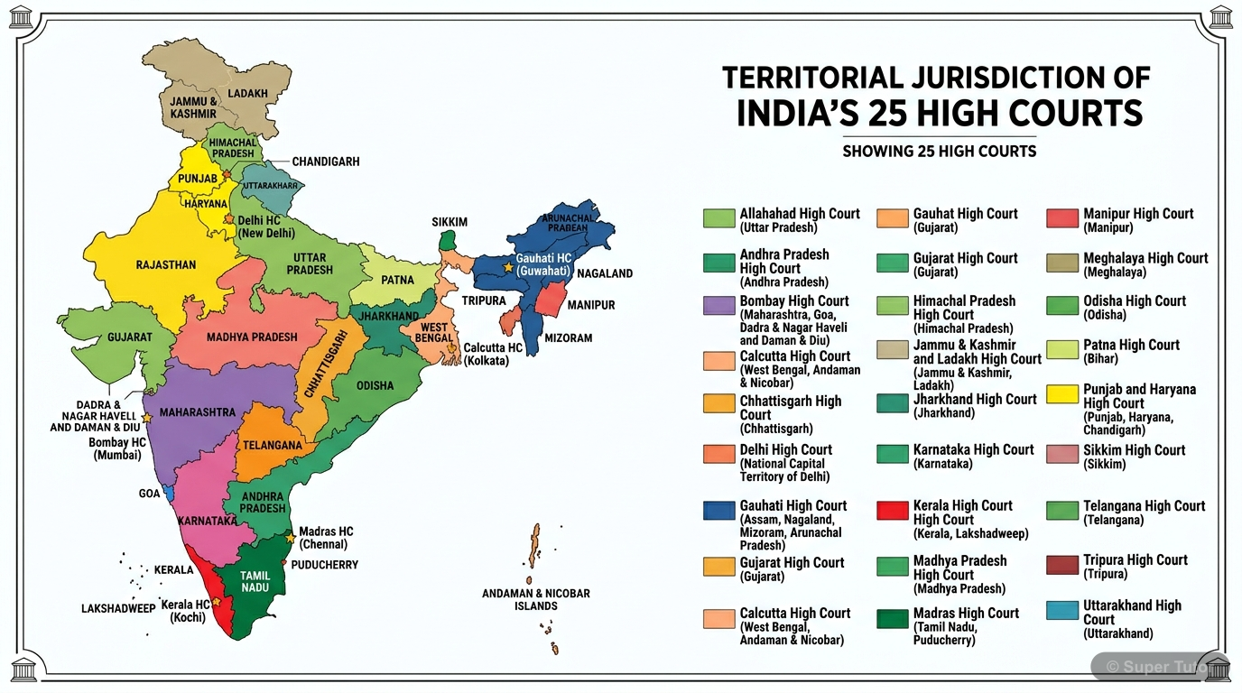 Indian High Courts and Their Territorial Jurisdiction A map of India showing the location of the 25 High Courts and the states/union territories falling under their respective territorial jurisdictions, highlighting instances where one High Court serves