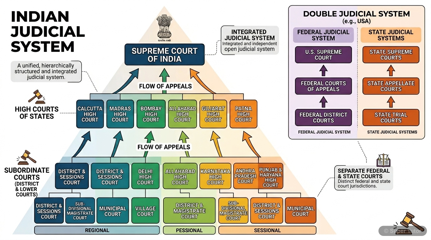 A diagram illustrating the single, integrated judicial hierarchy in India, with the Supreme Court at the apex, followed by High Courts, and then subordinate courts. It contrasts this with a double jud