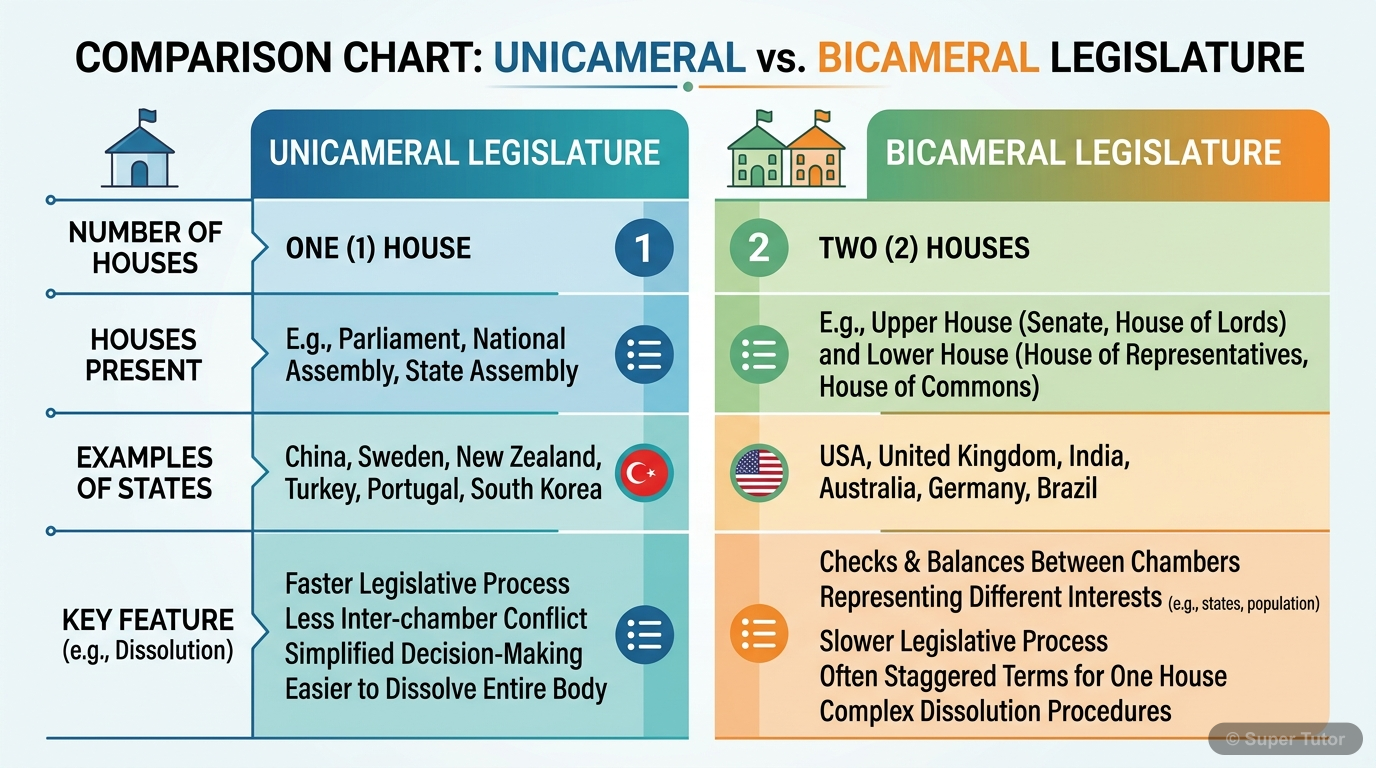 A comparison chart illustrating the key differences between unicameral and bicameral state legislatures in India, including the states that have each type.