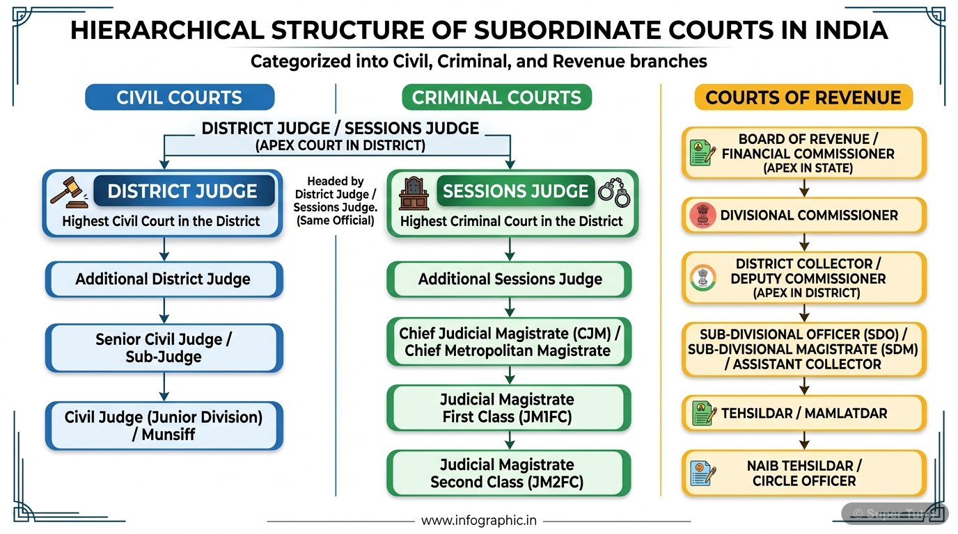 Hierarchy of Subordinate Courts in India A hierarchical diagram illustrating the structure of Civil, Criminal, and Revenue Courts at the district and subordinate levels in India, showing their relative positions.