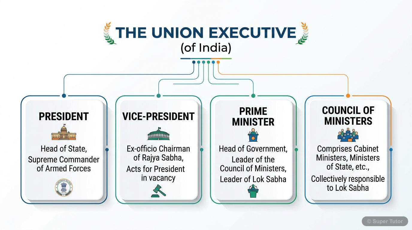 Composition of the Union Executive A diagram illustrating the key components of the Union Executive in India, showing the President, Vice-President, Prime Minister, and Council of Ministers.