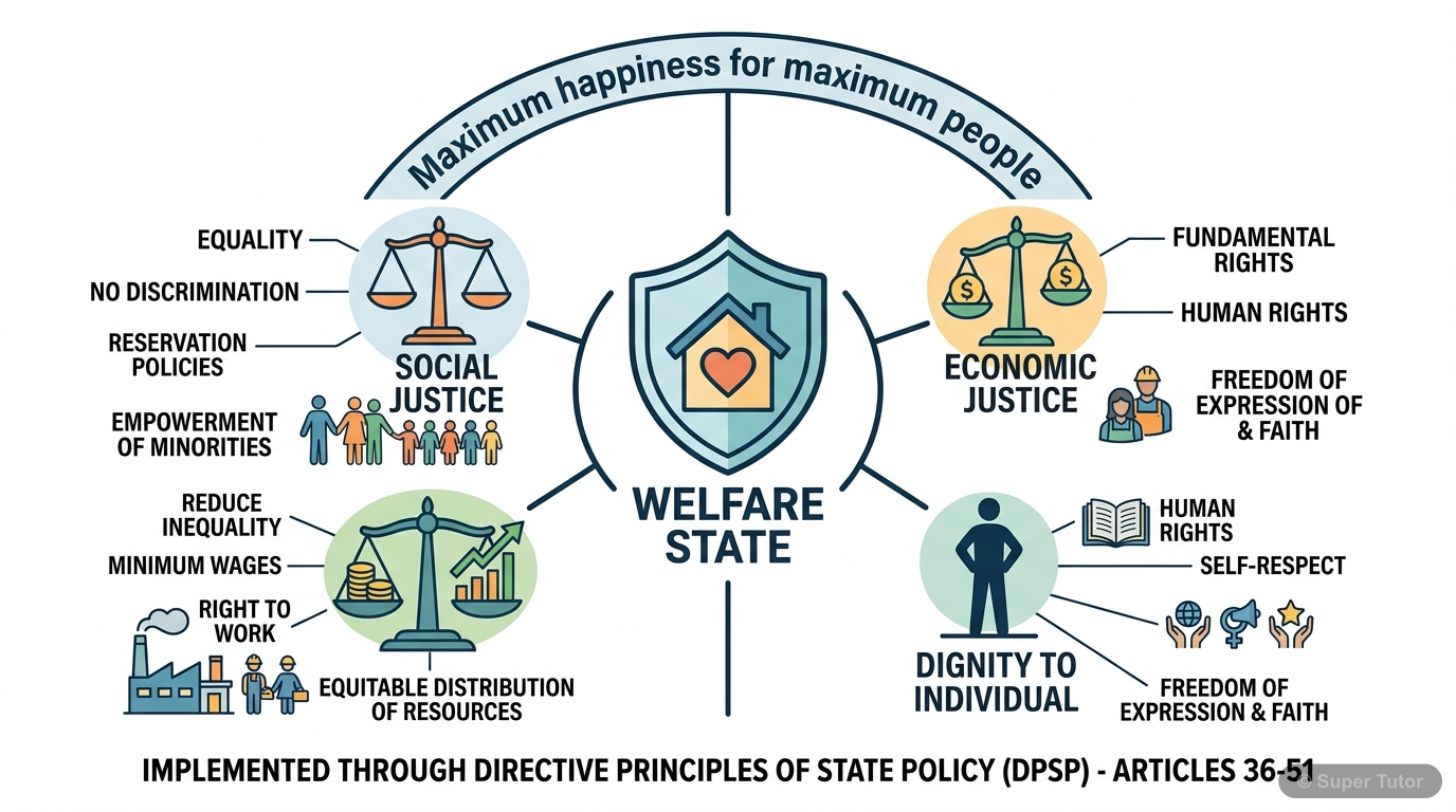 A diagram illustrating the core idea of a Welfare State as envisioned by the Indian Constitution, emphasizing social and economic justice and individual dignity.