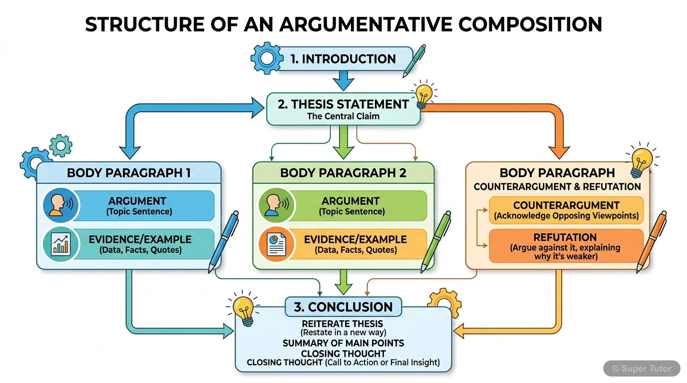 A labeled diagram illustrating the key components and flow of an argumentative composition, including introduction, body paragraphs (with arguments, evidence, counterarguments, and refutations), and c