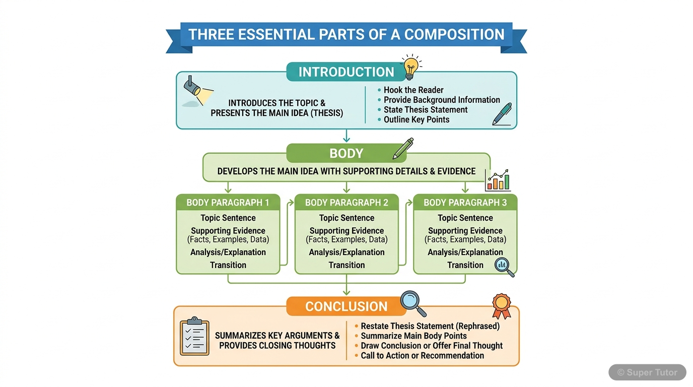 A visual representation of the three main parts of any composition: Introduction, Body, and Conclusion, with brief descriptions for each.
