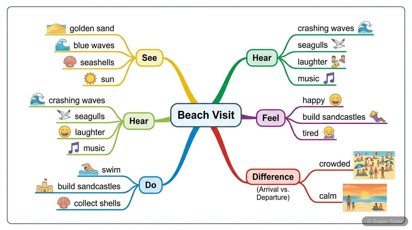 A mind map illustrating how to brainstorm and organize ideas for a descriptive composition, focusing on sensory details and personal feelings related to a beach visit.