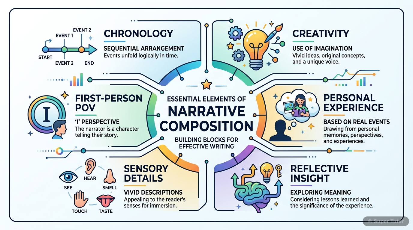 An infographic highlighting the essential elements of a narrative composition, such as focusing on chronology, creativity, first-person POV, and relating to personal experience.