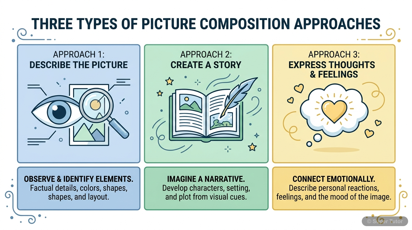 An infographic illustrating the three main approaches to writing a picture composition: describing the picture, creating a story from it, or expressing thoughts/feelings it ignites.