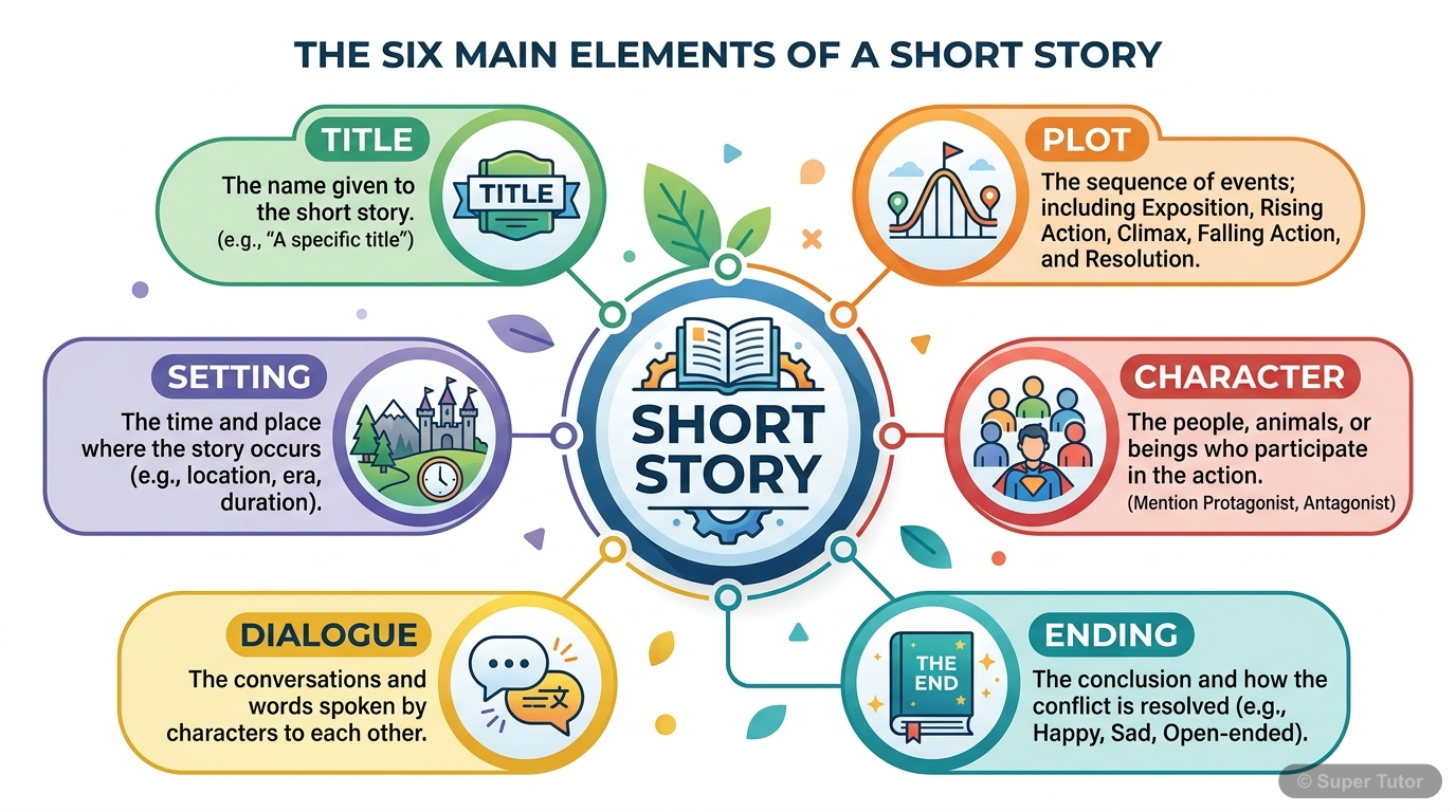 Elements of a Short Story A diagram illustrating the key elements that constitute a short story: Title, Plot, Setting, Character, Dialogue, and Ending, arranged in a clear, easy-to-understand layout.