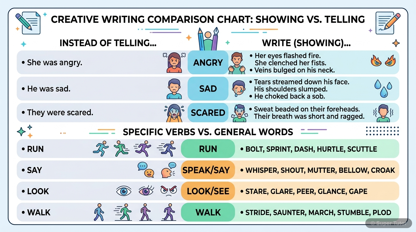 A comparison chart illustrating the difference between 'telling' and 'showing' emotions and actions in writing, using specific examples to demonstrate stronger impact.