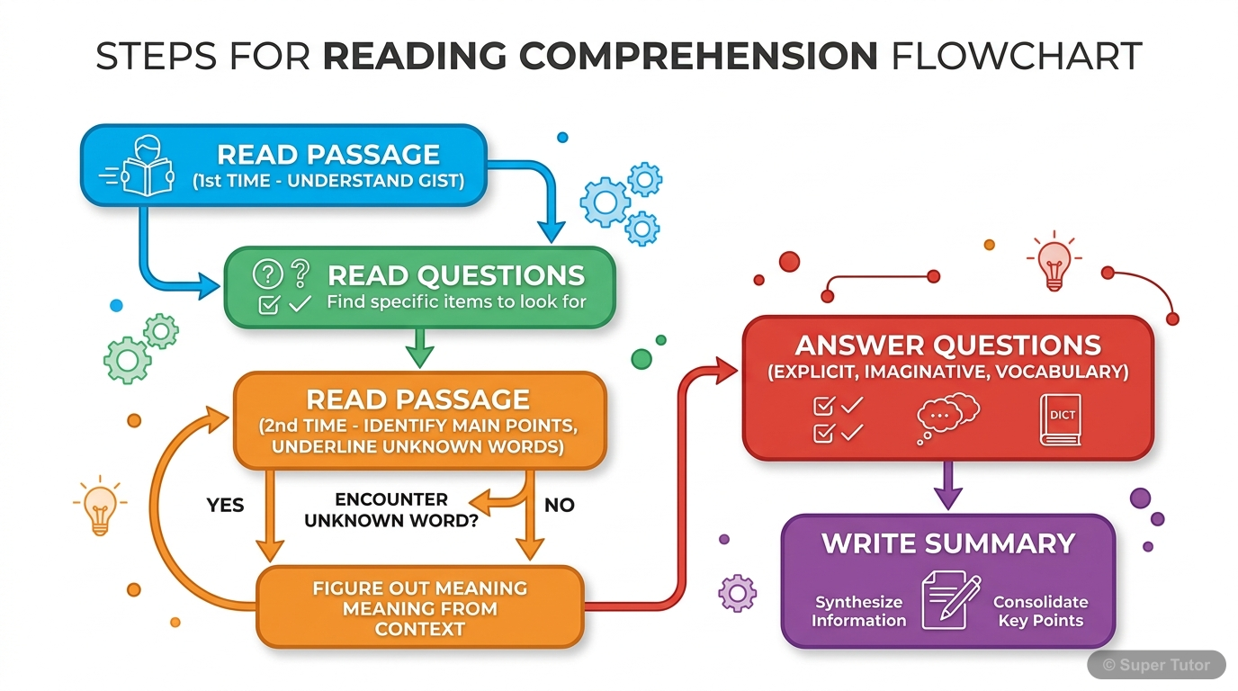 A flowchart illustrating the recommended steps for effective reading comprehension, from initial reading to answering questions and summarizing.