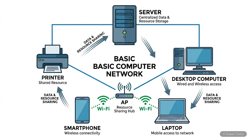An illustration showing various computing devices (desktops, laptops, smartphones, printers, servers) interconnected to form a basic computer network, highlighting data and resource sharing.