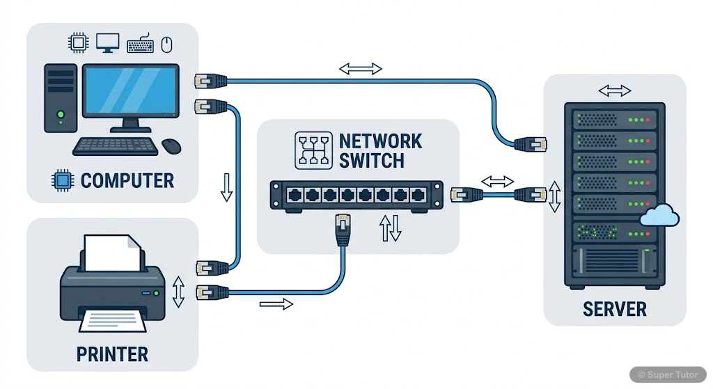 An illustration showing various computing devices (computer, printer, server, switch) connected to form a network, exchanging data over a communication medium.