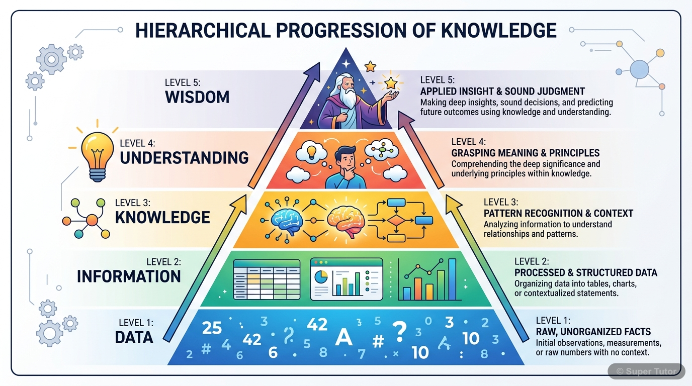 An infographic illustrating the progression from raw data to information, then knowledge, understanding, and finally wisdom, as described by Gary Schubert's quote.