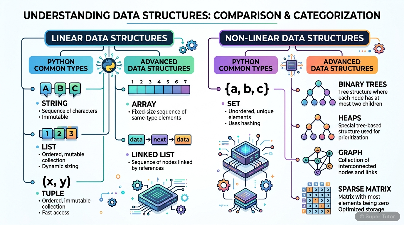 An infographic illustrating various data structures like String, List, Set, Tuple, Array, Linked List, Binary Trees, Heaps, Graph, Sparse Matrix, and highlighting linear vs. non-linear structures.