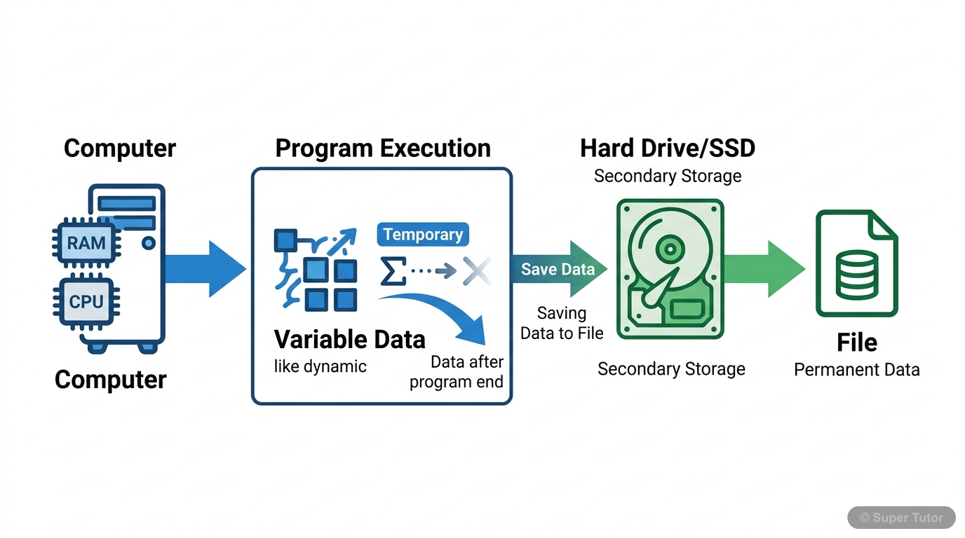 Illustrates why file handling is necessary, showing the difference between temporary data in RAM (variables) and permanent data storage on secondary devices (files).