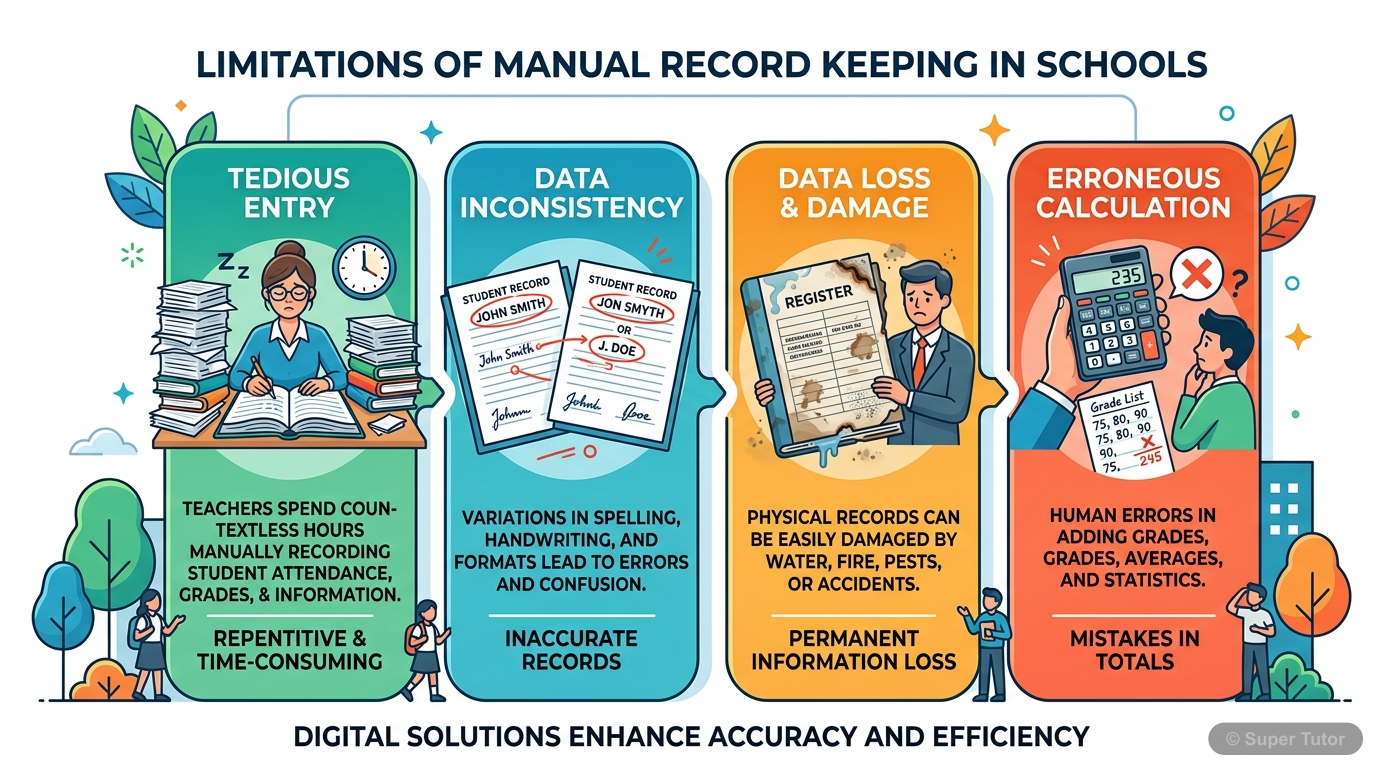 An infographic illustrating the common problems associated with manual record keeping, such as data inconsistency, loss of data, tedious entry, and erroneous calculations, using a school attendance re