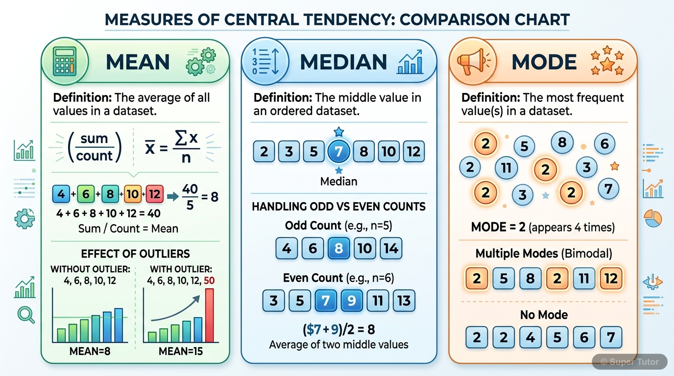 Mean, Median, Mode Comparison A comparison chart or infographic explaining and contrasting Mean, Median, and Mode as measures of central tendency, with simple examples or visual representations of each.