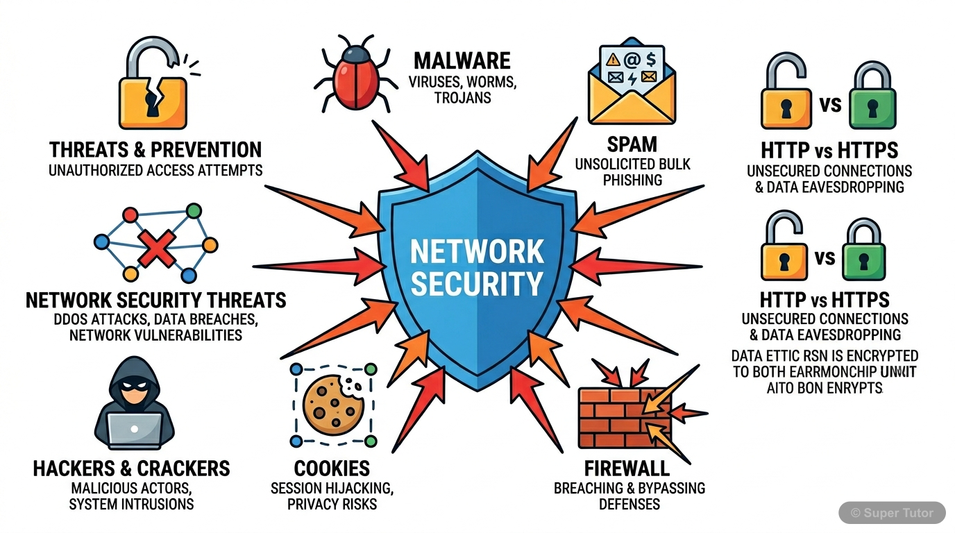 An infographic illustrating various types of network security threats and their general impact, providing a high-level understanding of the chapter's scope.
