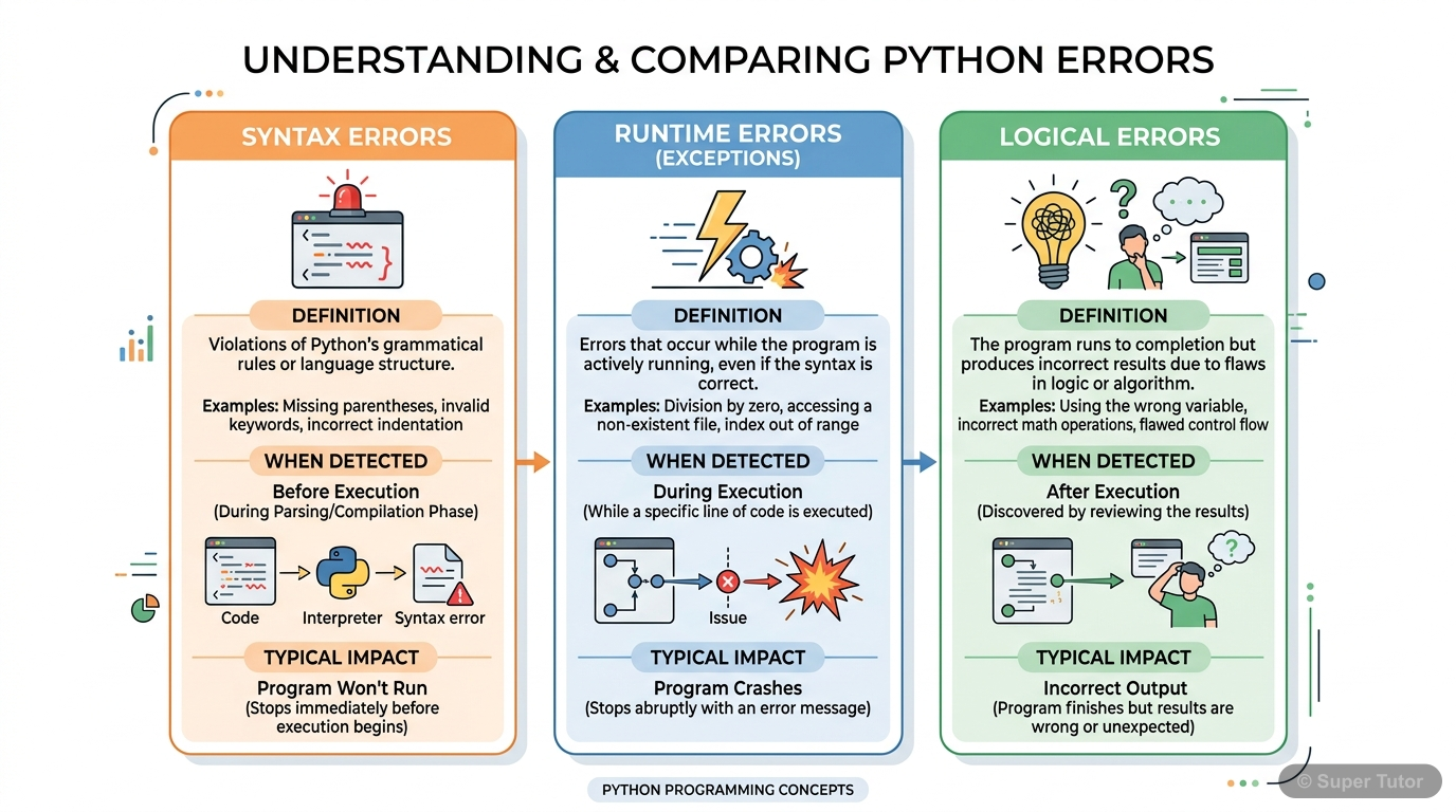 An infographic comparing Syntax Errors, Runtime Errors (Exceptions), and Logical Errors in Python, highlighting their characteristics, detection time, and impact on program execution.