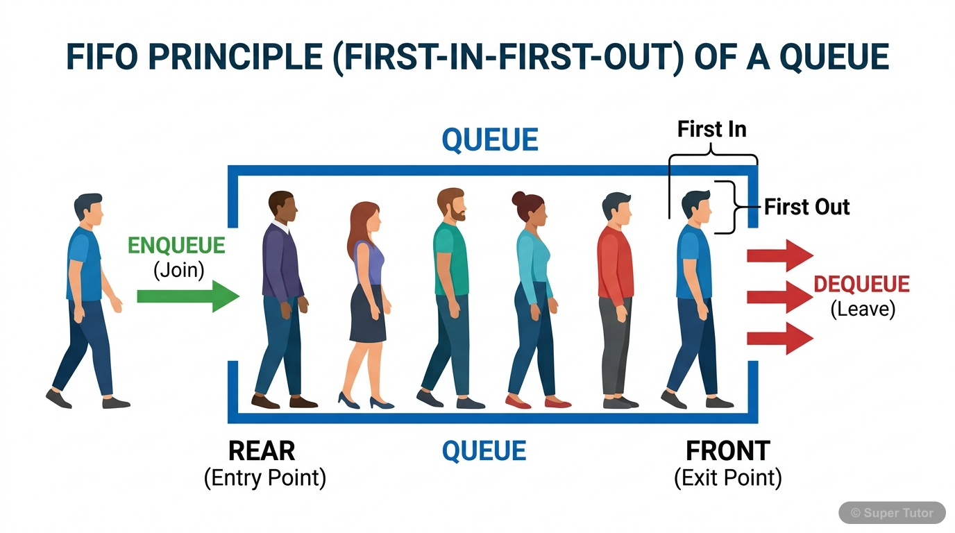 An illustration demonstrating the First-In, First-Out (FIFO) principle of a queue using a real-world analogy like people in a line. It should clearly show elements entering at one end (rear) and leavi