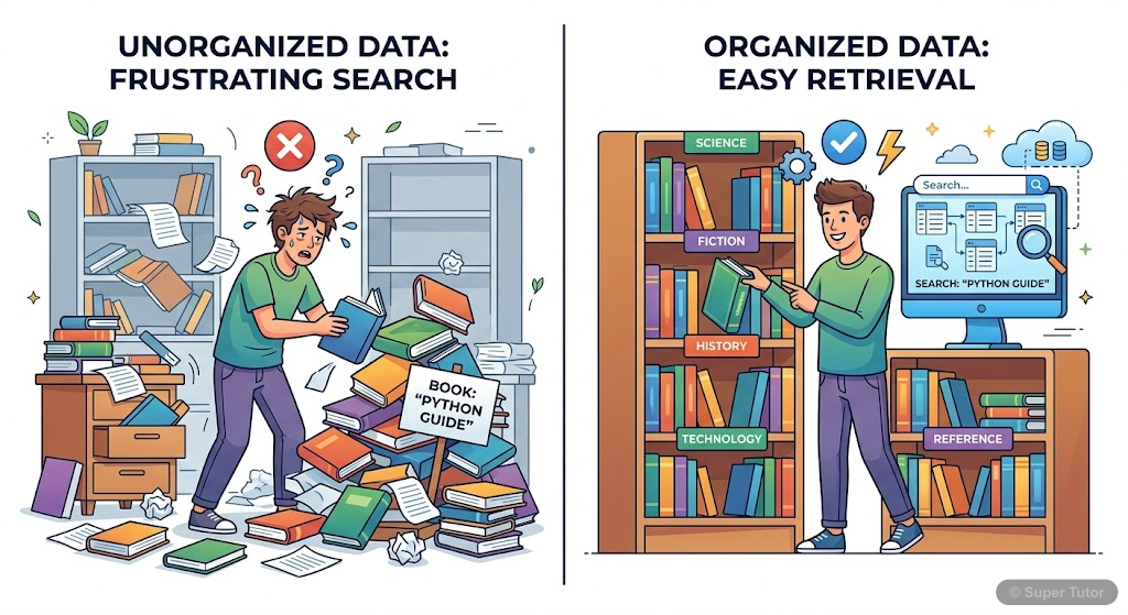 An illustration showing a person searching for an item in a cluttered room, contrasting it with a person finding an item in an organized, labeled storage system, to metaphorically represent the concep