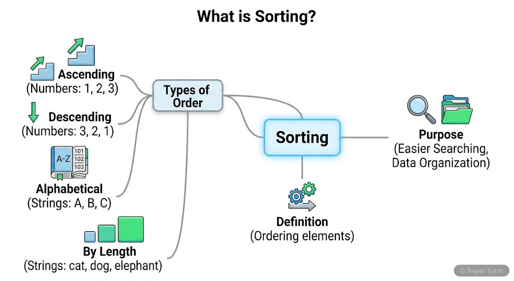 A concept map illustrating the definition of sorting, its purpose (e.g., ease of searching), and examples of different sorting orders (ascending, descending, alphabetical, by length).