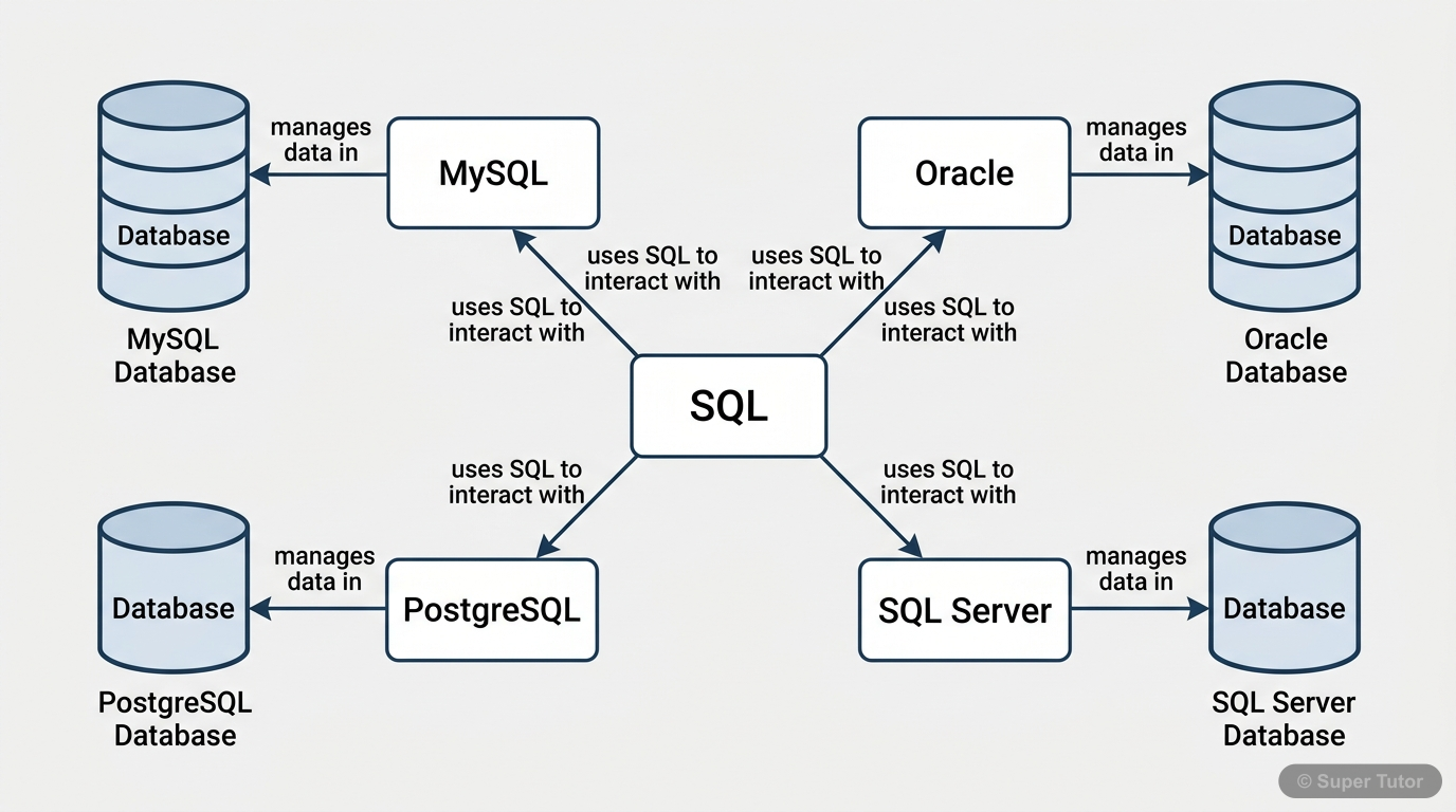 A diagram illustrating how SQL interacts with various Relational Database Management Systems (RDBMS) like MySQL, Oracle, PostgreSQL, and SQL Server, showing SQL as the common language for data access 