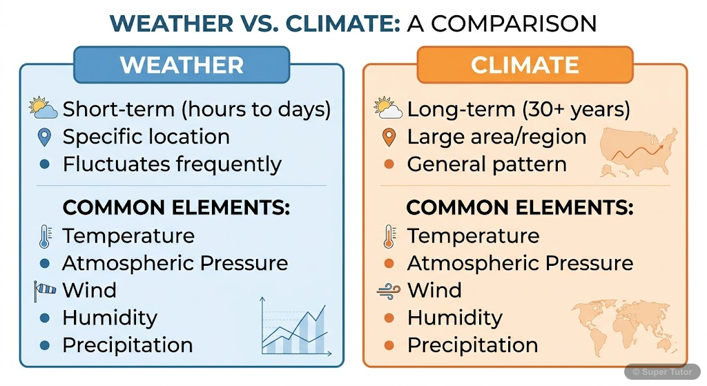 A comparison chart illustrating the key differences between climate and weather, including time scale, area, and elements.