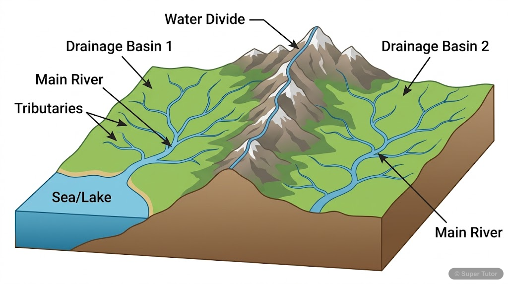 An illustration showing how a drainage basin is formed by a river system and how an elevated area, like a mountain or upland, acts as a water divide separating two drainage basins.