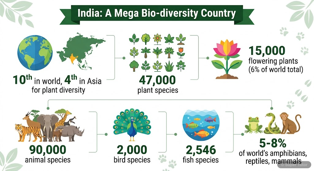 An infographic highlighting India's position as a mega bio-diversity country, showing statistics for plant species (total, flowering, non-flowering) and animal species (total, birds, fish, amphibians,