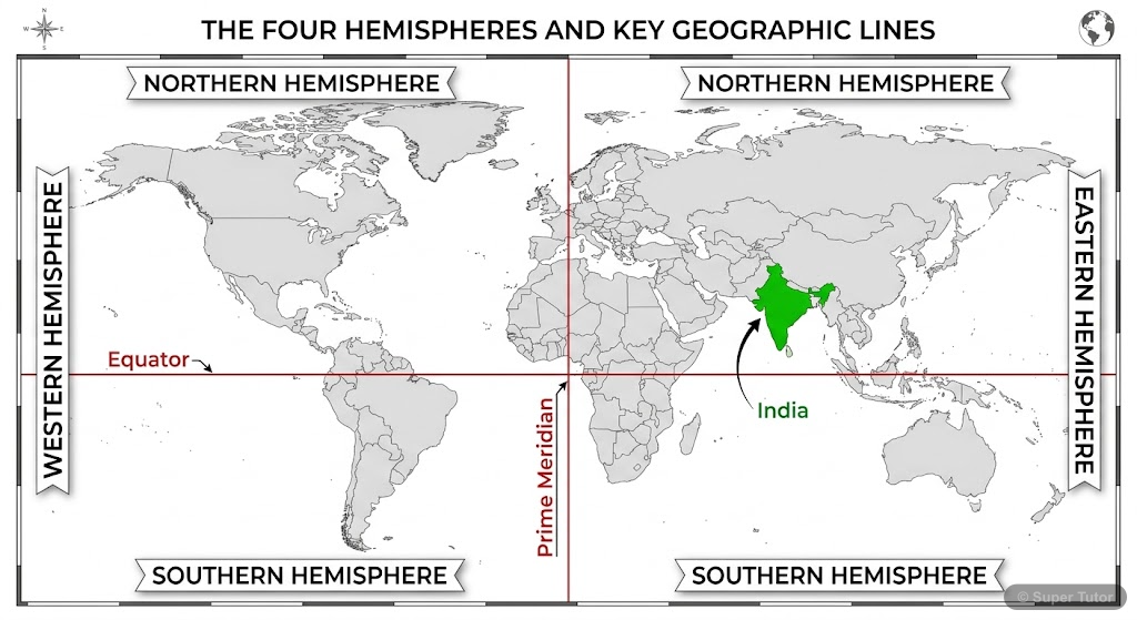 A world map highlighting India's position entirely within the Northern and Eastern Hemispheres, showing the Equator and Prime Meridian.