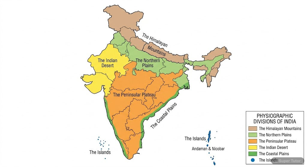 A map illustrating the six major physiographic divisions of India: The Himalayan Mountains, The Northern Plains, The Peninsular Plateau, The Indian Desert, The Coastal Plains, and The Islands.