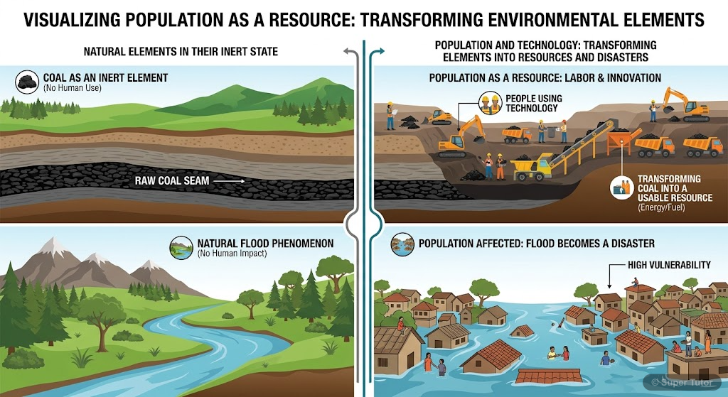 An illustration showing how human population transforms natural elements into resources through technology and innovation, and how natural events become 'disasters' when they affect populated areas.