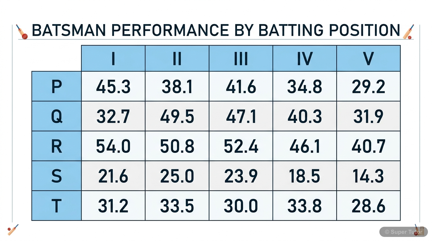 A table showing five batsmen (P, Q, R, S, T) and their average runs scored at five different batting positions (I, II, III, IV, V). The objective is to maximize total runs by assigning each batsman to