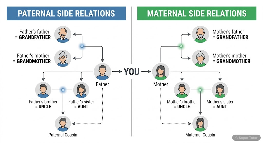 A clear, organized chart illustrating common paternal and maternal side blood relations, showing the relationship to 'You' (the subject).