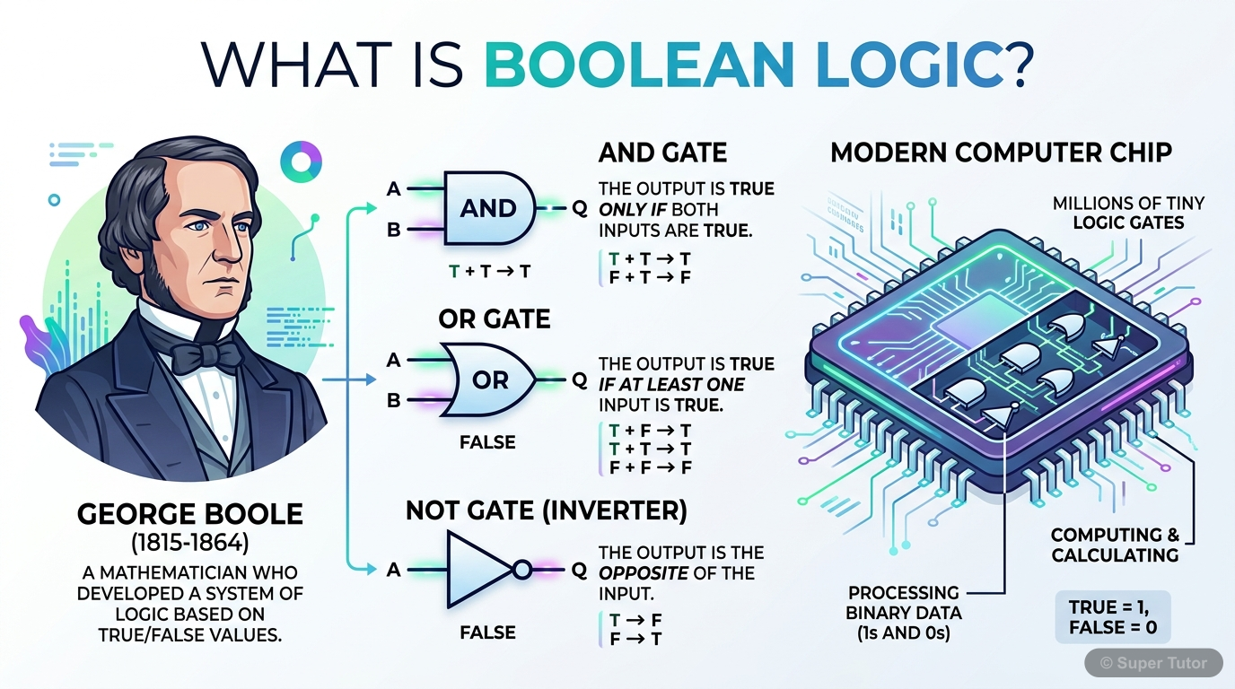 An infographic explaining what Boolean Logic is, its origin, its core operations (AND, OR, NOT), and its application in computer circuits and logical true/false situations.