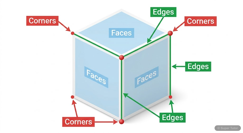 A 3D diagram of a cube with its six faces, eight corners, and twelve edges clearly labeled. Each component should be highlighted with a distinct color.