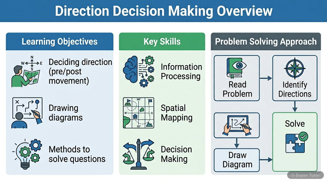 An infographic explaining the core concepts of direction decision making, including pre-movement and post-movement analysis, diagram drawing, and problem-solving methods. It should highlight the impor