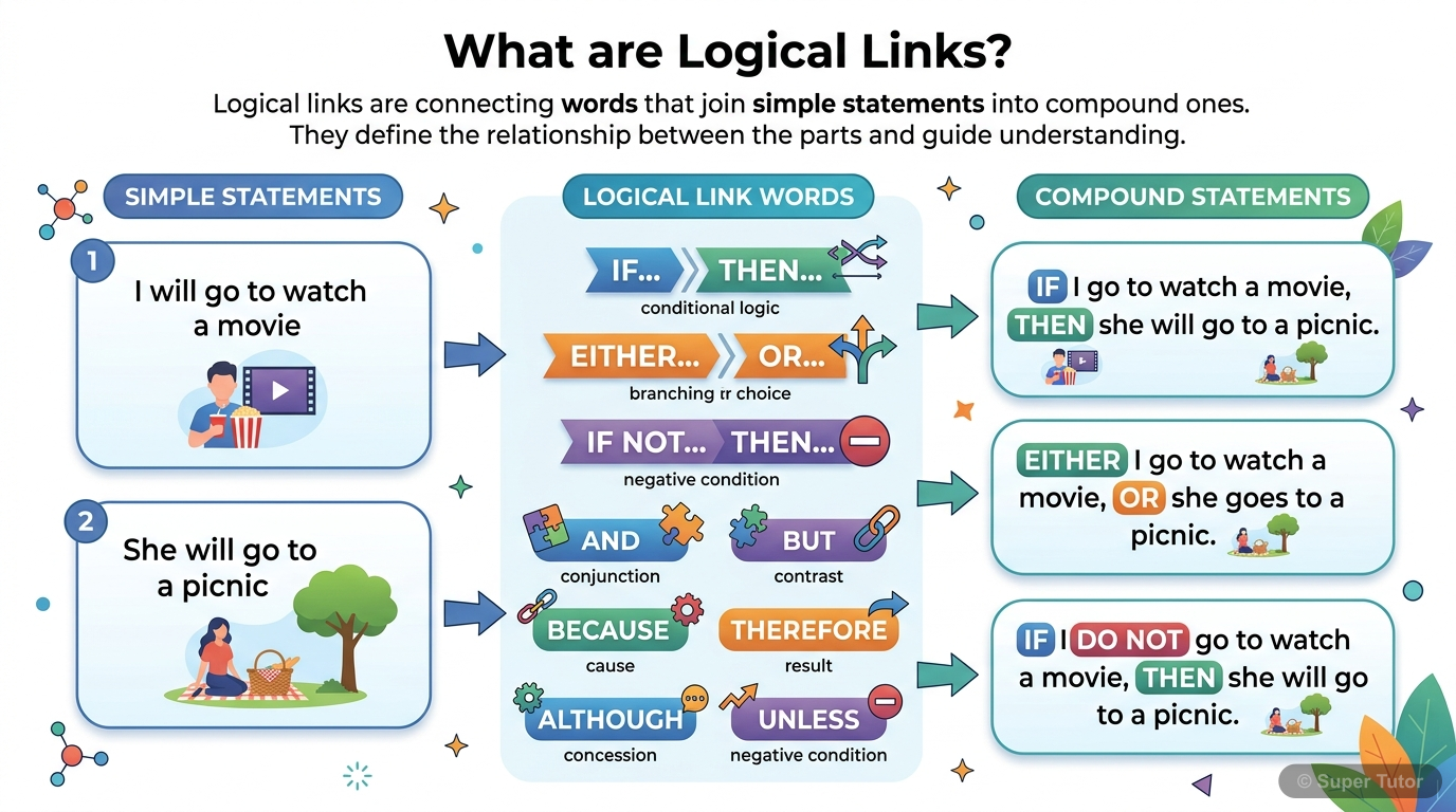 An infographic explaining what logical links are, their purpose in examining propositions and reversibility of logic, and how they connect simple statements into compound statements.