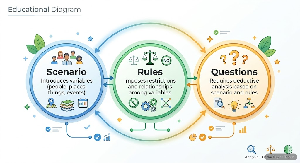 A diagram illustrating the three main components of a logical reasoning question: Scenario, Rules, and Questions, with brief descriptions for each.