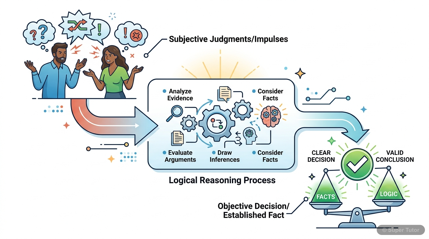 An infographic illustrating how logical reasoning helps in making informed decisions by moving beyond subjective judgments and impulses to establish facts. It should show a progression from subjective