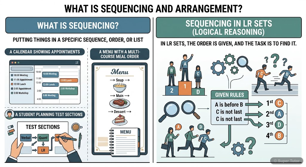 An infographic defining sequencing and arrangement, illustrating it with common real-life examples like calendar appointments, restaurant orders, and test section attempts, and contrasting it with LR 