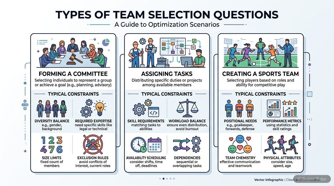 An infographic illustrating the different categories of team selection questions, showing examples of constraints and objectives.