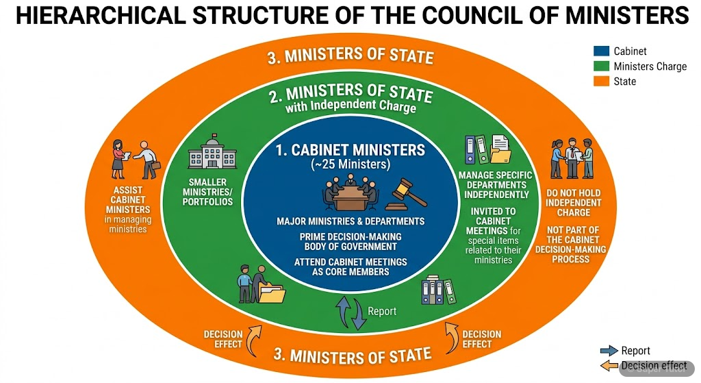 Structure of the Council of Ministers A hierarchical diagram illustrating the different ranks within the Council of Ministers: Cabinet Ministers, Ministers of State with Independent Charge, and Ministers of State, and their roles.