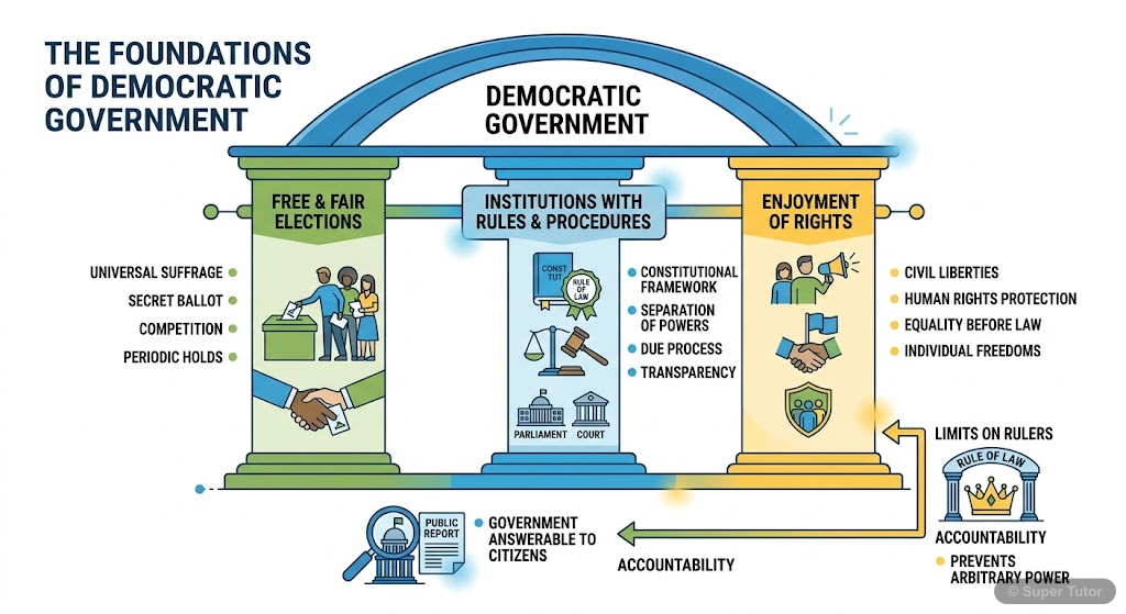 A diagram illustrating the three essential elements of a democratic government: free and fair elections, institutions following rules, and the enjoyment of rights. It emphasizes that rights set limits