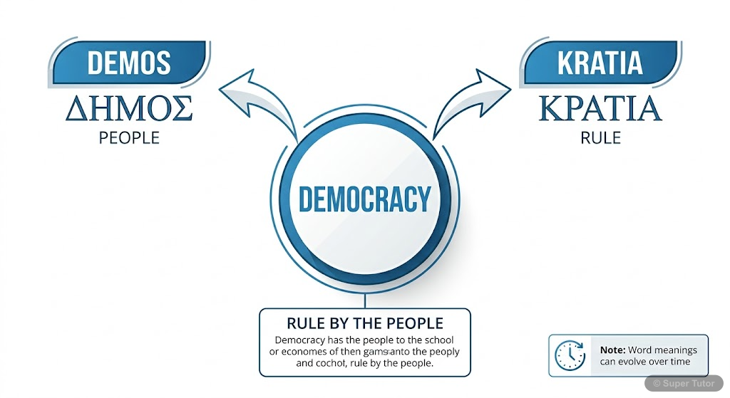Origin of the Word 'Democracy' An infographic explaining the Greek origin of the word 'Democracy' from 'Demos' (people) and 'Kratia' (rule), with a note on how meanings can evolve.