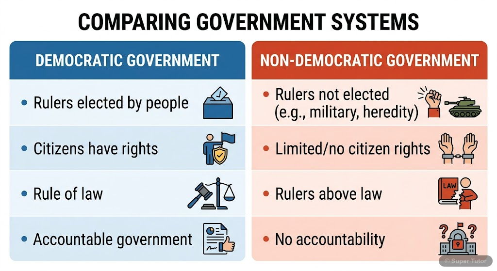A comparison chart highlighting key features of democratic and non-democratic governments, such as how rulers are chosen, citizen participation, and rule of law.
